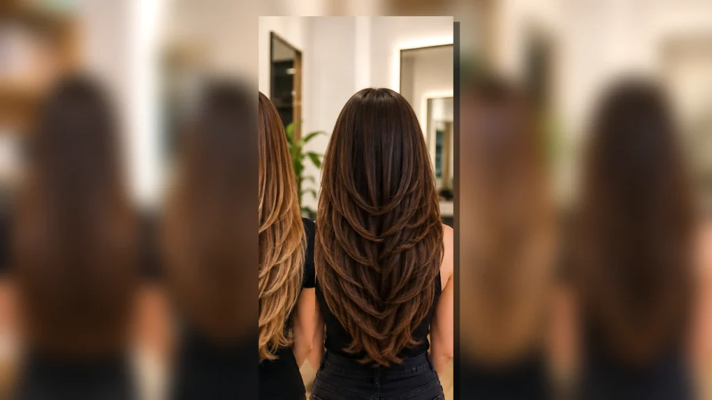 Femme aux cheveux longs dégradés avec des reflets caramel dans un salon de coiffure moderne