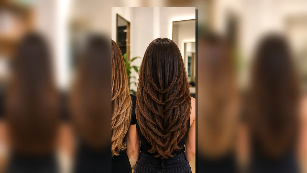 Femme aux cheveux longs dégradés avec des reflets caramel dans un salon de coiffure moderne