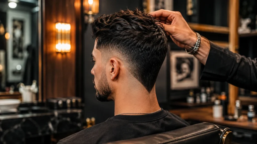 Homme avec une cuenta coupe et une nuque en V dans un salon de coiffure élégant