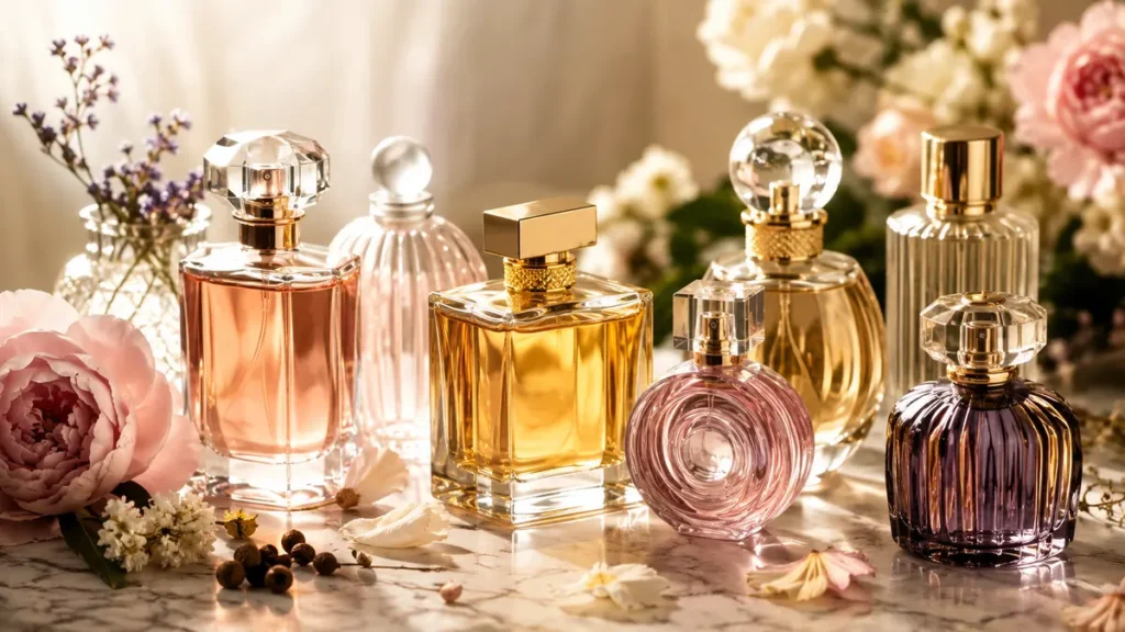 Flacons de parfum élégants entourés de fleurs aux couleurs vives et raffinées