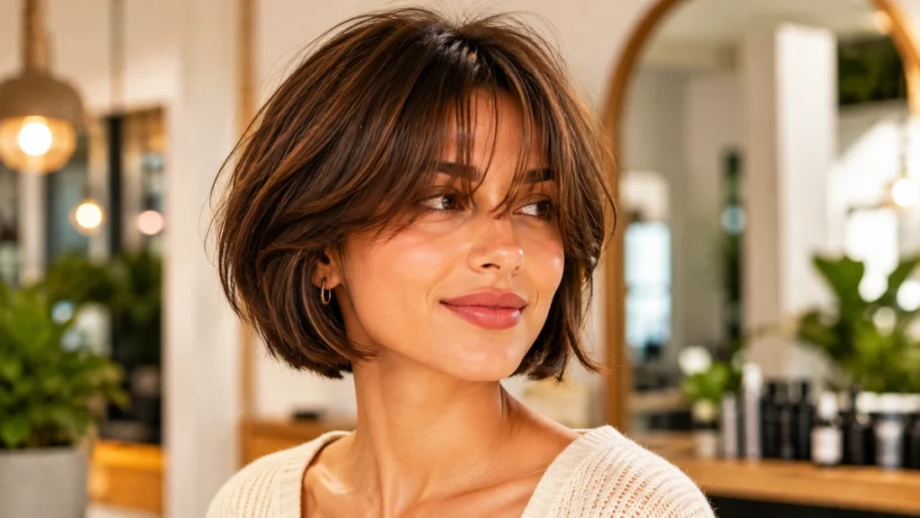 Femme portant une frange rideau courte sur un carré moderne dans un salon de coiffure