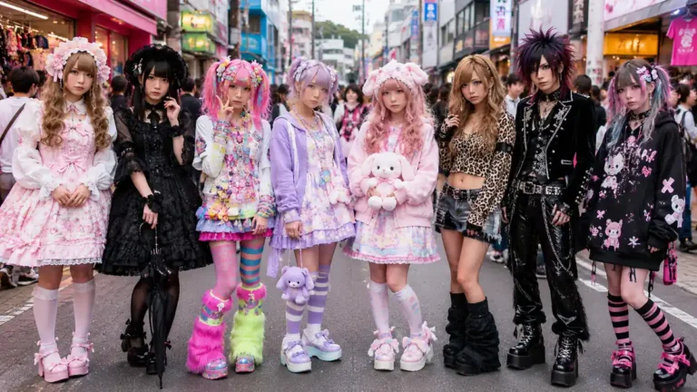 Groupe portant différents Harajuku fashion styles dans une rue de Tokyo