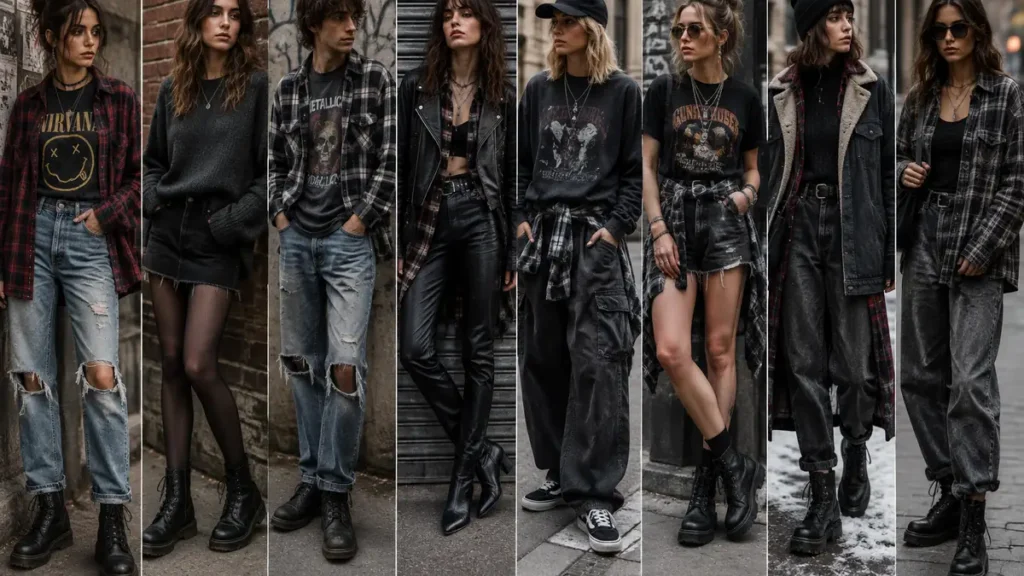 Look grunge avec flanelle, jean délavé et boots