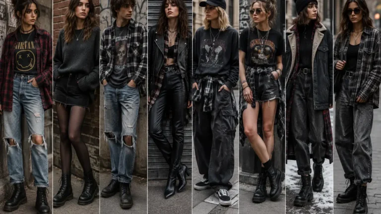 Look grunge avec flanelle, jean délavé et boots