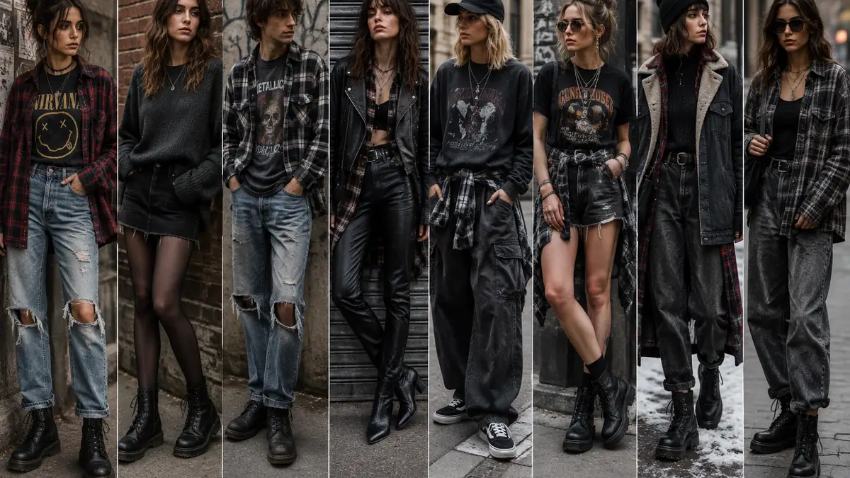 Look grunge avec flanelle, jean délavé et boots