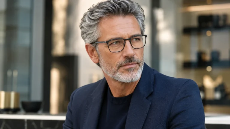 Homme de 50 ans portant des lunettes tendance à monture rectangulaire