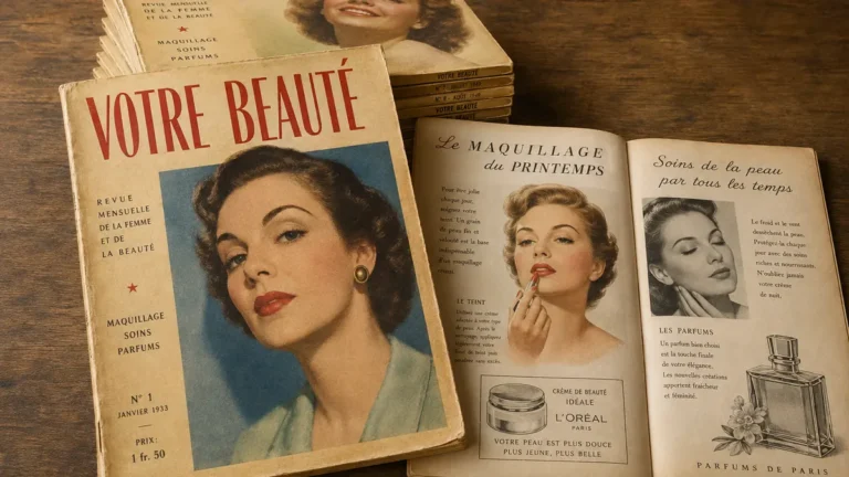 Anciens numéros du magazine Votre Beauté disposés sur une table en bois
