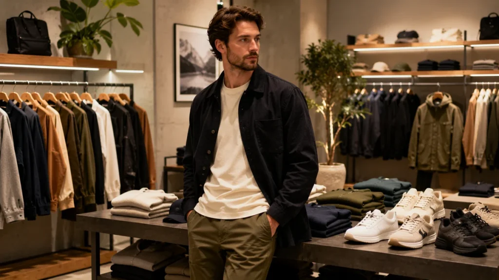 Homme dans une boutique de mode illustrant les marques tendance homme
