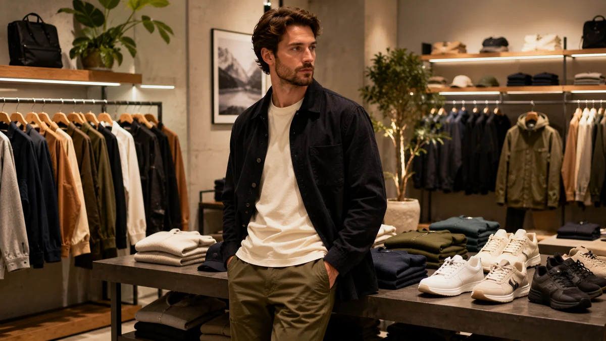 Homme dans une boutique de mode illustrant les marques tendance homme
