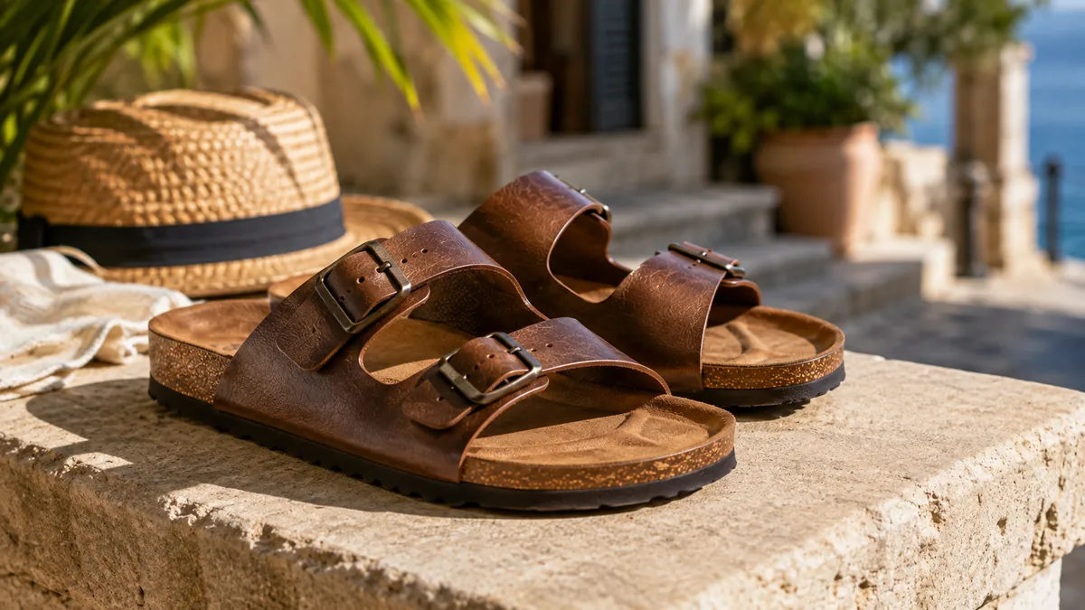 Mules en cuir homme marron à double bride