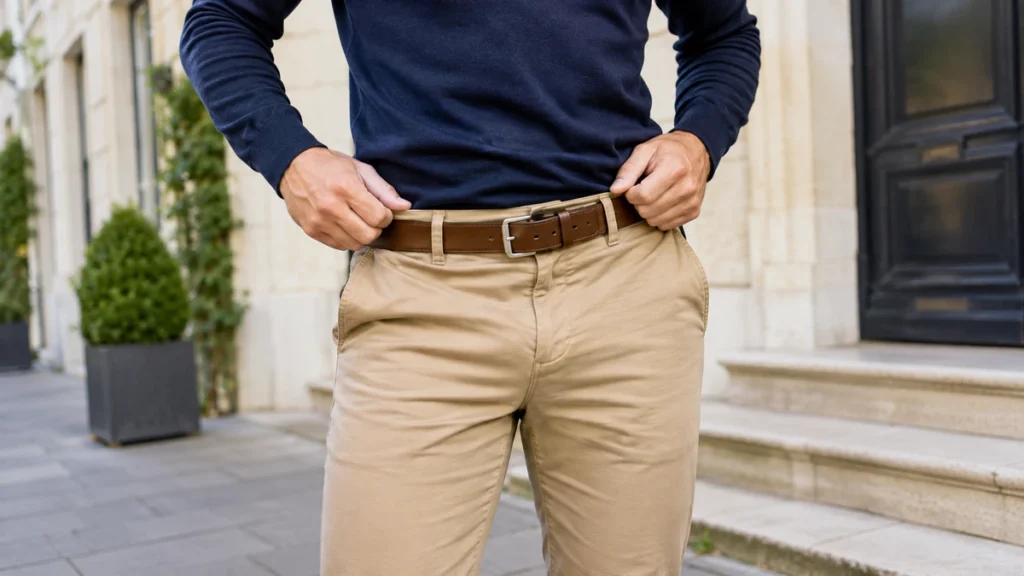 Homme ajustant un pantalon qui descend avec une ceinture