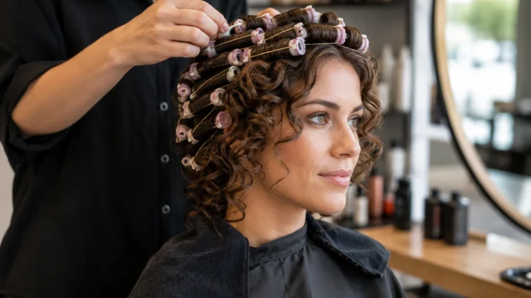 Femme réalisant une permanente avec des bigoudis dans un salon de coiffure