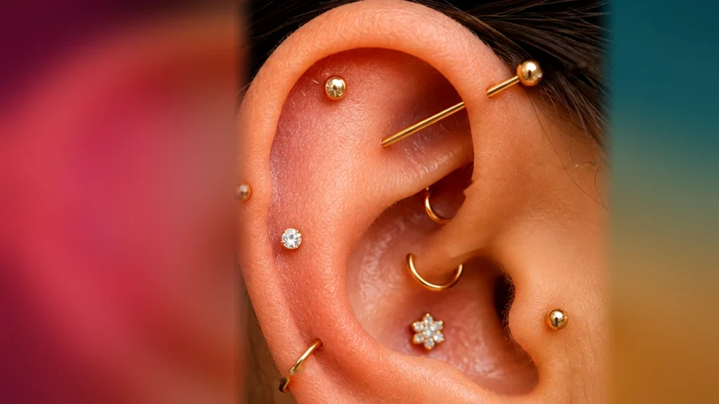 Oreille adulte portant plusieurs types de piercings élégants en or