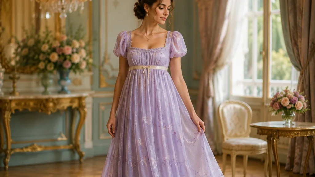Femme portant une robe style Bridgerton lilas à taille Empire