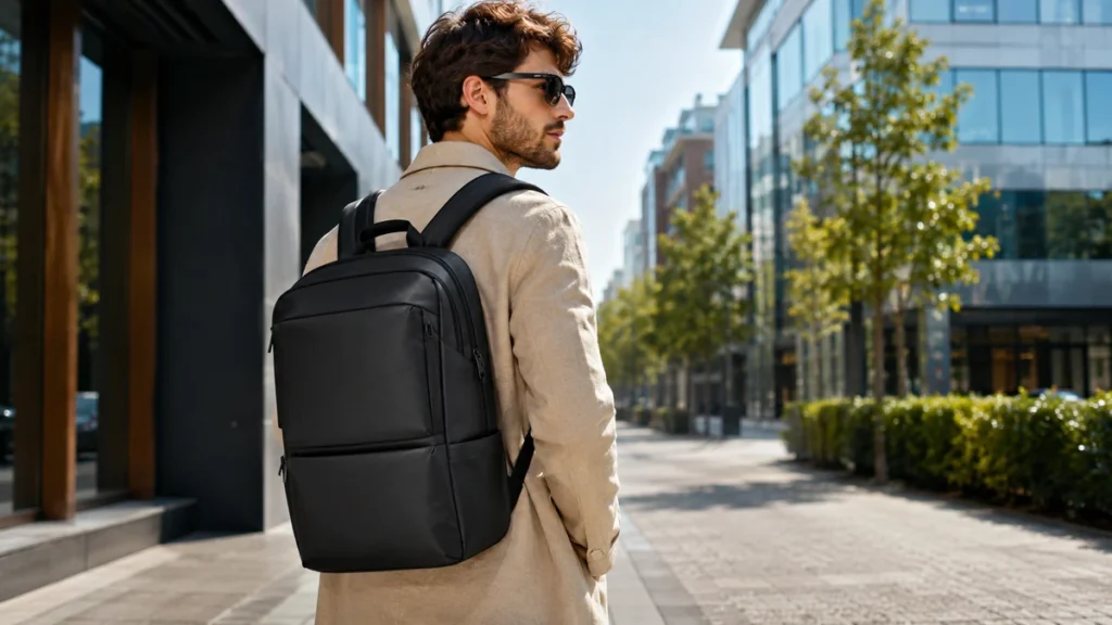 Homme portant un sac à dos homme tendance noir en ville