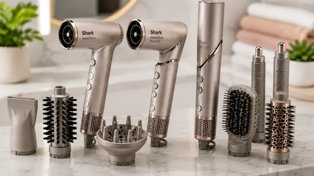 Sèche-cheveux Shark et accessoires de coiffage présentés dans une salle de bain moderne
