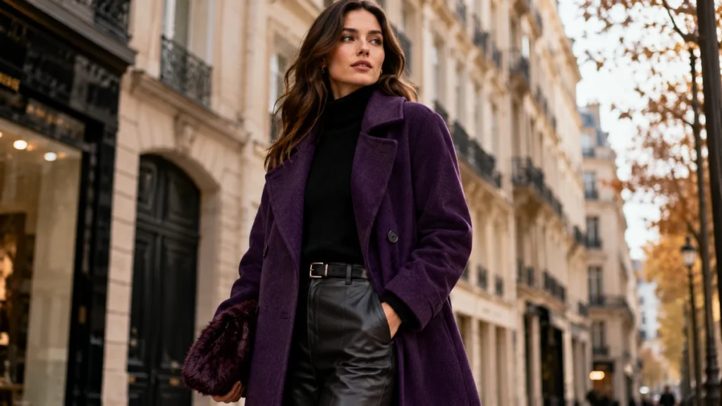 Femme portant un manteau violet tendance pour l’hiver 2026
