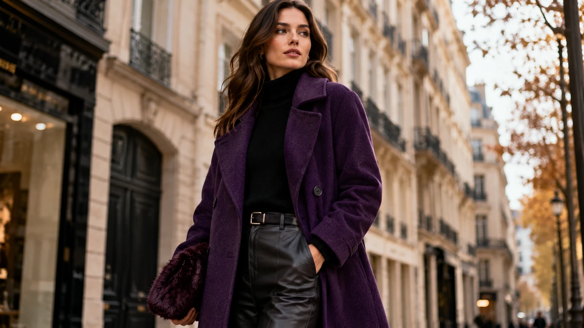 Femme portant un manteau violet tendance pour l’hiver 2026
