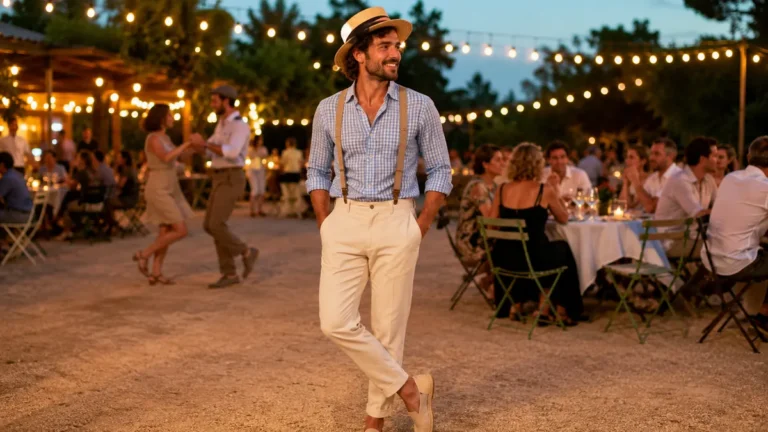 Homme en tenue guinguette avec bretelles et canotier lors d’une soirée d’été