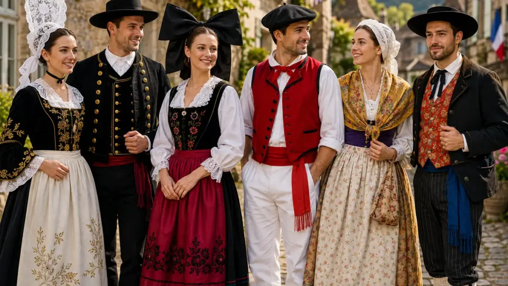 Groupe portant différentes tenues traditionnelles françaises dans un village