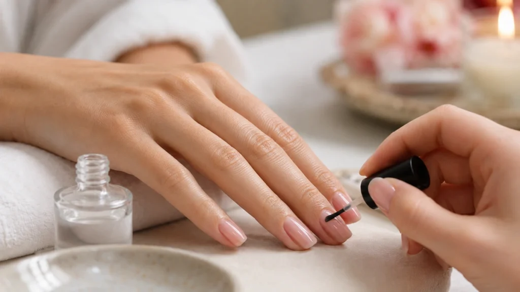 Application d’un top coat transparent sur un ongle manucuré