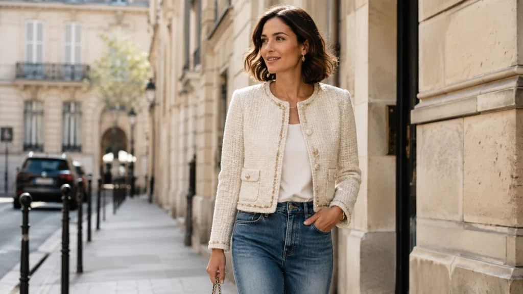 Femme portant une veste style Chanel en tweed avec un jean