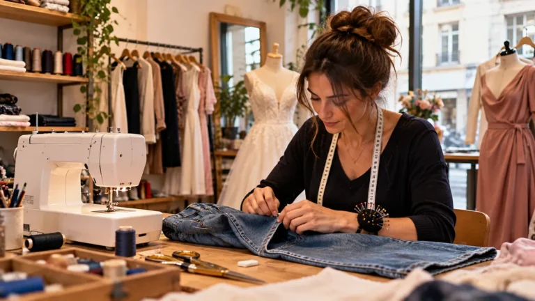 Couturière dans un atelier de retouche illustrant Assog Couture à Grenoble
