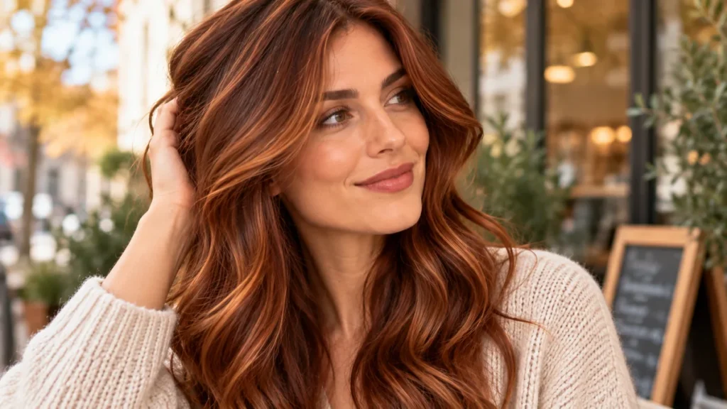 Femme aux cheveux auburn avec des reflets cuivrés lumineux
