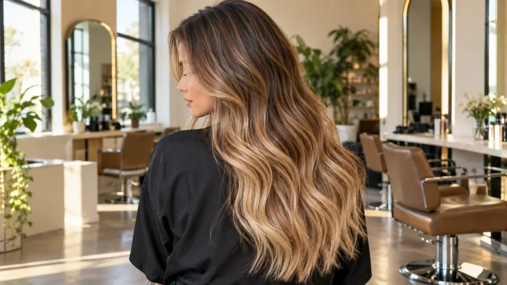 Balayage blond sur châtain aux reflets miel sur cheveux longs