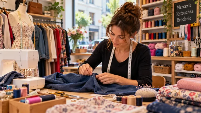 Couturière dans un atelier de retouche et mercerie illustrant Cath'Couture à Mulsanne
