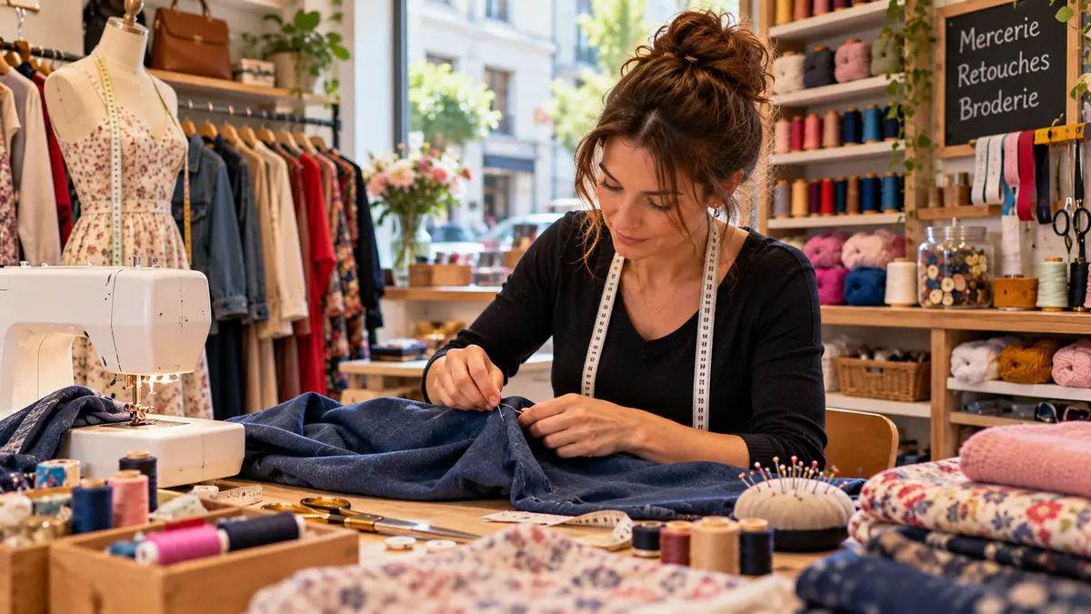 Couturière dans un atelier de retouche et mercerie illustrant Cath'Couture à Mulsanne