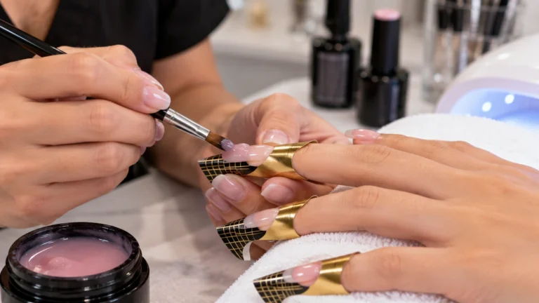 Pose de chablon ongle avec application de gel de construction