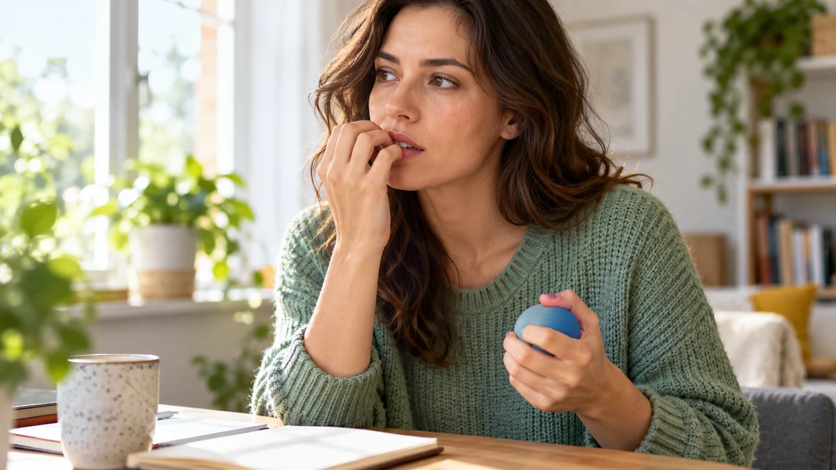 Femme portant ses ongles à la bouche tout en tenant une balle antistress