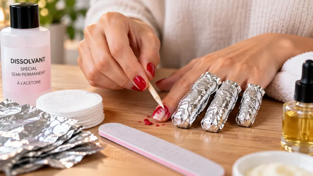 # Comment Enlever le Vernis Semi Permanent Sans Abîmer les Ongles 💅 Pour enlever le vernis semi permanent à la maison, la méthode la plus efficace consiste à limer légèrement le top coat, poser des cotons imbibés de dissolvant à l'acétone sur chaque ongle, envelopper dans du papier aluminium, patienter 10 à 20 minutes, puis retirer le vernis en douceur avant d'hydrater l'ongle naturel. Voici le détail de chaque étape. ## Le Matériel Nécessaire Pour une Dépose Vernis Semi Permanent Réussie Avant de commencer, réunissez : - Une lime à ongles (grain moyen, 180/240) - Du dissolvant semi permanent à l'acétone (pas de vernis classique) - Des cotons ou du coton imbibé prédécoupé - 10 carrés de papillotes aluminium - Un bâtonnet en bois ou en métal (pousse-cuticules) - Une huile ou une crème nourrissante pour les mains Ce kit minimal suffit à retirer un vernis semi permanent maison sans passer par l'institut. ## Comment Enlever le Vernis Semi Permanent : le Tutoriel en 5 Étapes **1. Limer le top coat** Passez la lime sur la surface brillante de chaque ongle, sans insister, jusqu'à obtenir un aspect mat. Ce geste ouvre le film protecteur et permet au dissolvant de pénétrer. Il ne s'agit pas de poncer toute la couleur, juste de casser la brillance. **2. Imbiber les cotons d'acétone** Découpez ou utilisez des cotons de la taille de l'ongle, imbibez-les généreusement de dissolvant, puis posez-les directement sur la surface matifiée. **3. Envelopper dans les papillotes aluminium** Repliez un carré de papier aluminium autour de chaque doigt pour maintenir le coton en place et créer un effet de chaleur qui accélère la dissolution du vernis. **4. Patienter 10 à 20 minutes** Laissez agir sans bouger les mains. Le temps varie selon l'épaisseur du gel et la marque du vernis semi permanent : mieux vaut prévoir large plutôt que retirer trop tôt. **5. Retirer le vernis en douceur** Ôtez une papillote, pressez légèrement le coton sur l'ongle pour décoller le vernis ramolli, puis faites glisser doucement avec le bâtonnet en bois. Le produit doit se détacher sans résistance. Répétez pour chaque doigt, puis passez un léger coup de lime uniquement sur les résidus qui restent. ## Que Faire Si le Vernis Semi Permanent Ne Part Pas Si une partie du vernis résiste, ne grattez pas, ne décollez pas et n'arrachez jamais le semi-permanent avec les ongles ou un outil pointu : ce geste retire aussi les couches superficielles de l'ongle naturel et l'affaiblit durablement. La bonne réaction consiste à réimbiber un coton propre de dissolvant, à refaire une papillote sur la zone concernée et à patienter encore 5 à 10 minutes. Recommencez l'opération autant de fois que nécessaire plutôt que de forcer. La ponceuse électrique n'est pas recommandée pour un usage à la maison sans expérience : mal maîtrisée, elle chauffe et amincit l'ongle bien plus vite qu'une lime manuelle. Cette méthode reste réservée aux professionnels équipés et formés. ## Enlever le Vernis Semi Permanent Sans Acétone : Ce Qu'il Faut Savoir Il est possible de tenter une dépose sans acétone, notamment pour les ongles fragilisés ou en l'absence de dissolvant adapté. Deux options existent : | Méthode | Principe | Efficacité | Limite | |---|---|---|---| | Trempage eau tiède + savon | Ramollir le vernis par immersion prolongée | Faible à moyenne | Ne dissout pas le gel, action très lente | | Fil dentaire | Glisser le fil sous le vernis décollé | Ponctuelle | Risque de tirer sur l'ongle si mal exécuté | Ces alternatives sans acétone restent limitées sur un semi-permanent bien accroché : elles fonctionnent surtout en complément, jamais comme solution unique. Pour une dépose complète et sans traumatiser l'ongle, l'acétone demeure la référence. ## Comment Prendre Soin de l'Ongle et des Cuticules Après le Retrait Une fois le vernis semi permanent retiré, l'ongle naturel est temporairement plus sec et poreux à cause de l'acétone. Pour en prendre soin : - Massez immédiatement une huile nourrissante (ricin, amande douce, jojoba) sur l'ongle et la repousse des cuticules. - Repoussez délicatement les cuticules avec le bâtonnet en bois, sans les couper à vif. - Évitez de reposer un vernis pendant 24 à 48 heures pour laisser l'ongle respirer. - Appliquez une crème pour les mains matin et soir pendant plusieurs jours. Ce soin après semi permanent limite le dessèchement et prépare l'ongle à une nouvelle pose dans de bonnes conditions.