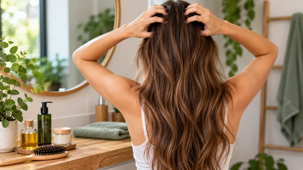 Femme massant son cuir chevelu pour favoriser la pousse des cheveux