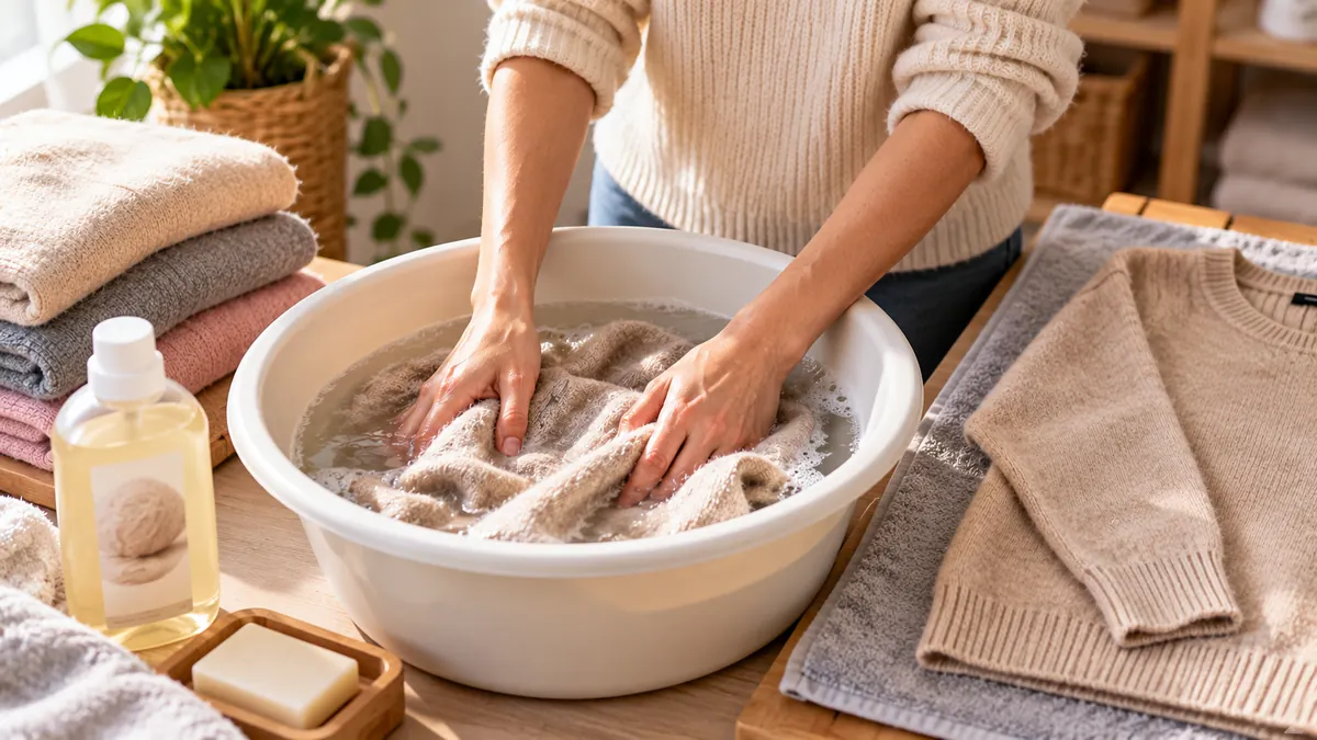 Lavage à la main d'un pull en cachemire dans une bassine