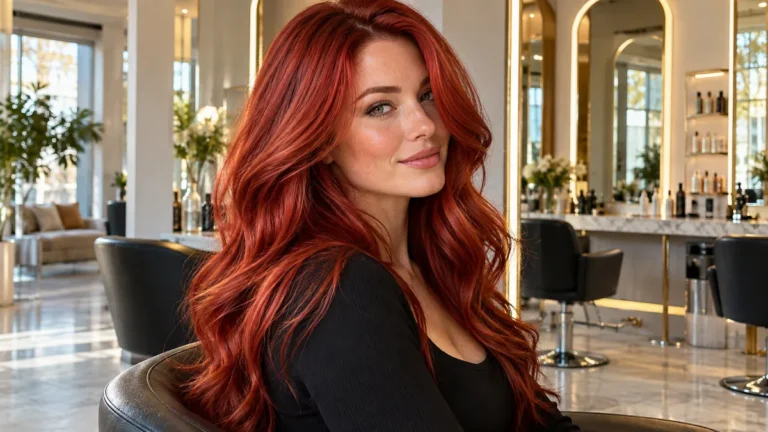 Couleur cheveux rouge cerise sur une chevelure longue et ondulée