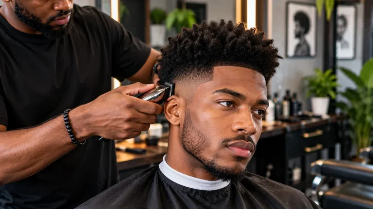 Coupe afro homme avec dégradé réalisée chez un barbier