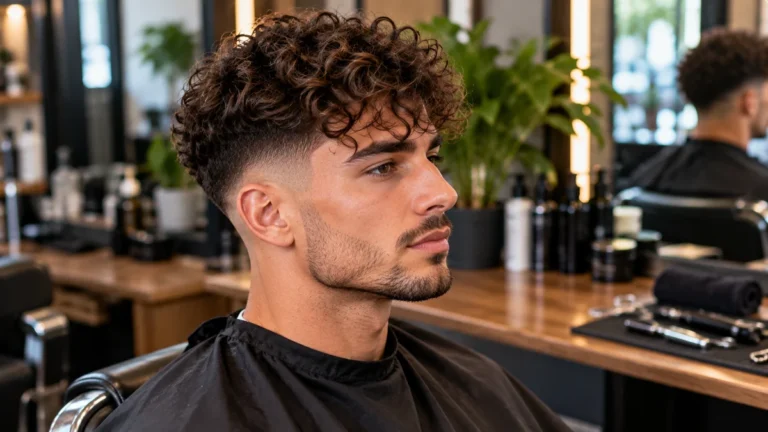 Coupe bouclée homme avec taper fade et volume de boucles sur le dessus