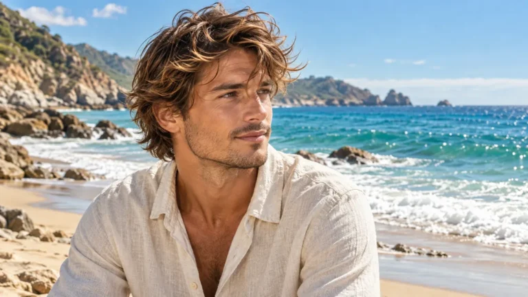Coupe surfeur homme aux cheveux mi-longs et ondulés sur une plage