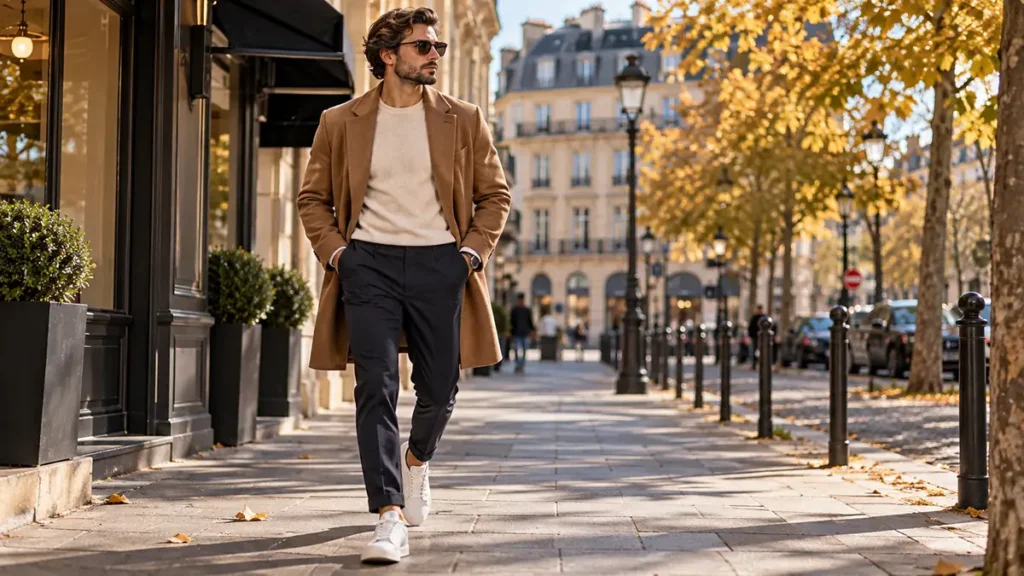 Homme à la mode portant une tenue tendance 2026 en ville