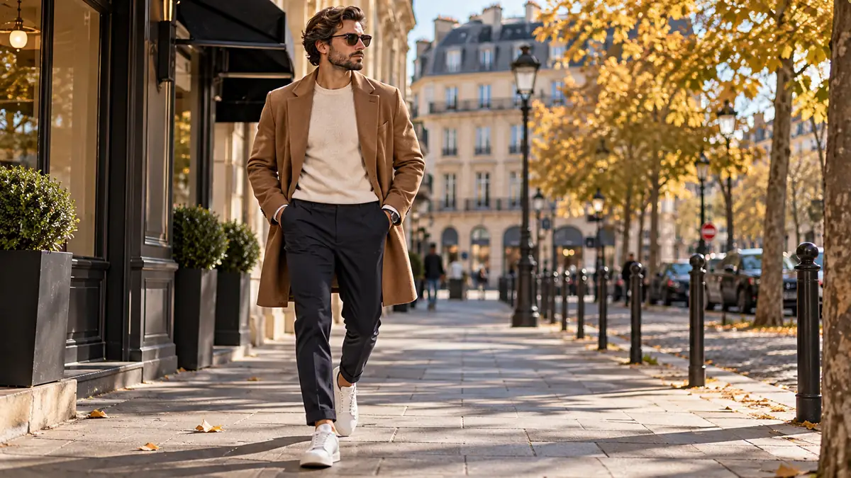 Homme à la mode portant une tenue tendance 2026 en ville