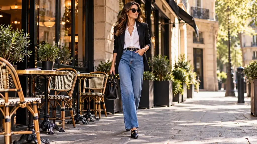 Idée tenue chic en jean femme avec blazer noir, chemise blanche et jean droit