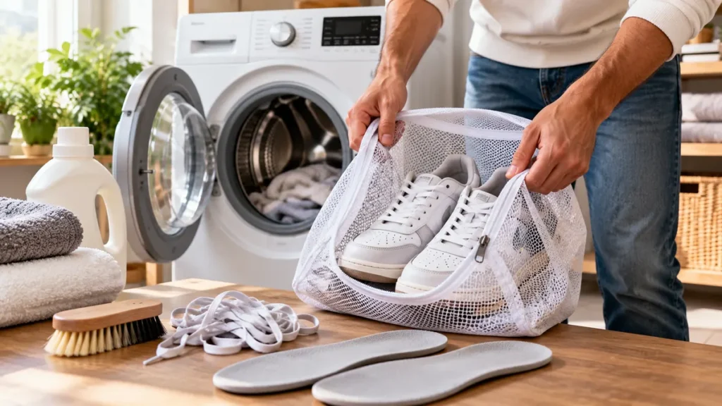 Baskets placées dans un filet avant de les laver en machine