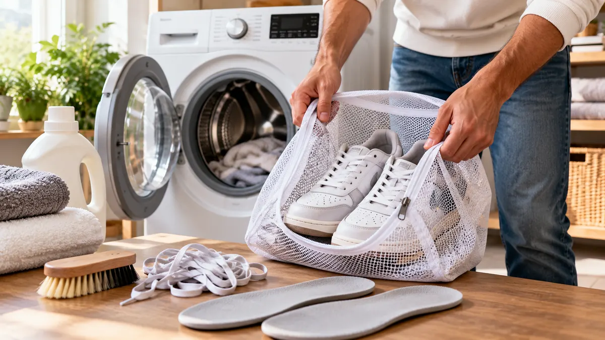 Baskets placées dans un filet avant de les laver en machine