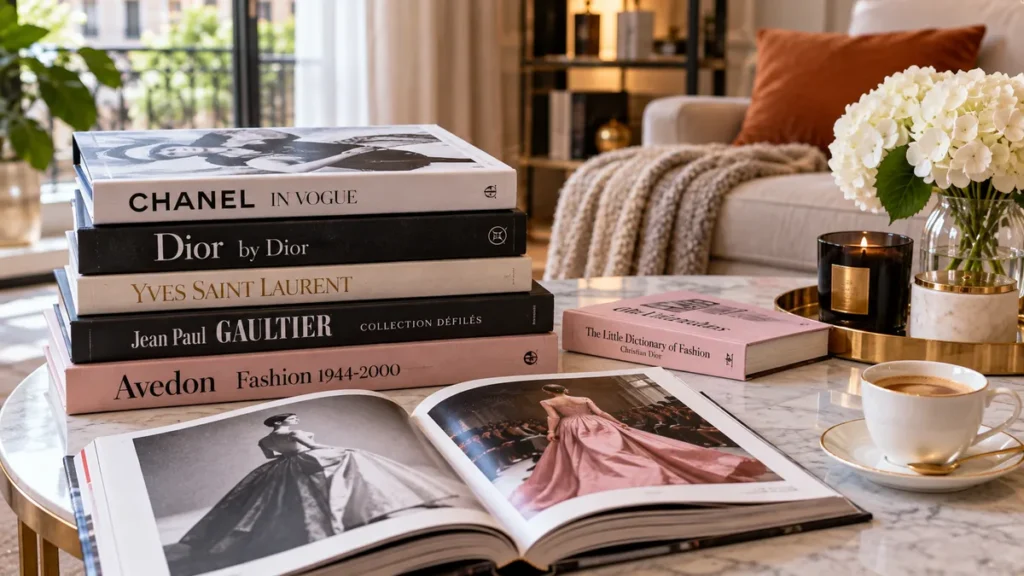 Livre à la mode présenté parmi plusieurs beaux livres consacrés à la mode