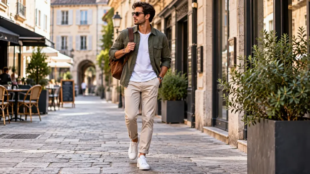 Homme portant un look homme casual avec surchemise, chino et sneakers