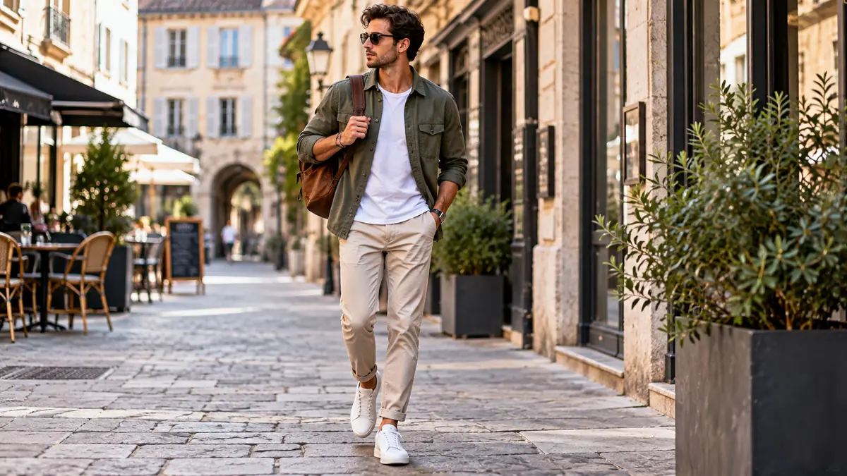 Homme portant un look homme casual avec surchemise, chino et sneakers