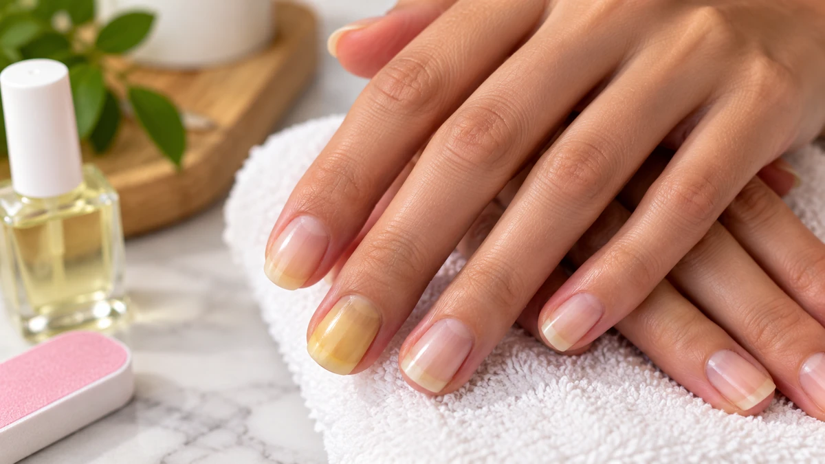 Ongle jaune visible sur une main aux ongles naturels