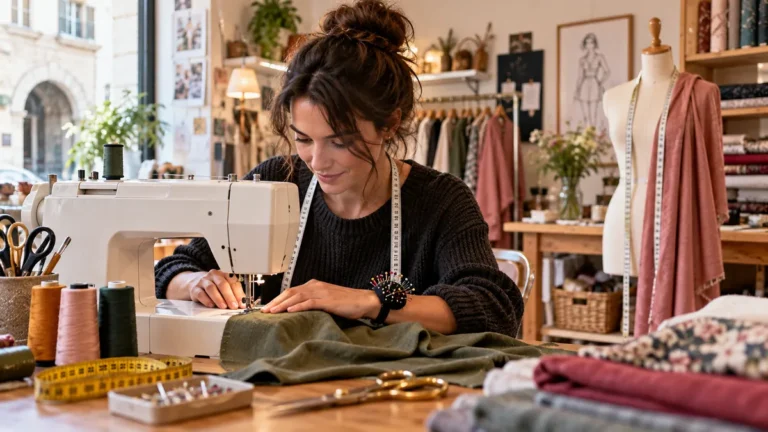 Atelier Paula Couture avec couturière travaillant sur une machine à coudre